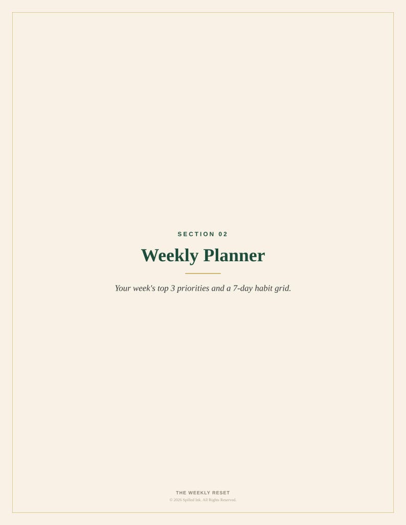 May include: A cream-coloured planner page titled SECTION 02 Weekly Planner. The text reads: Your week's top 3 priorities and a 7-day habit grid. At the bottom, it says THE WEEKLY RESET and 2024 Spilled Ink. All Rights Reserved.
