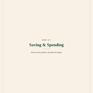 以下が含まれることがあります： クリーム色の教育用ドキュメント。タイトルは「Saving & Spending, Ages 6-7」、サブタイトルは「Early money habits, introduced simply」。下部のテキストには「KIDS CHORE CHART BUNDLE AGES 4-8」および「2024 Spilled Ink. All Rights Reserved.」と記載されています。