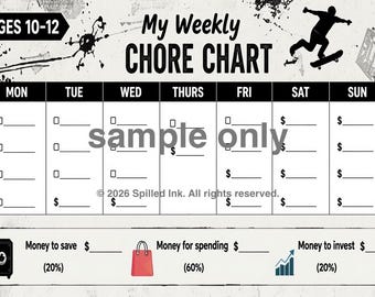 Pode incluir: Um quadro de tarefas semanal para idades de 10-12 anos com um gráfico de skatista, salpicos de tinta e o texto My Weekly Chore Chart. Inclui colunas para os dias da semana com caixas de seleção e sinais de dólar, além de seções de poupança.
