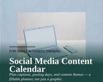 Pode incluir: Um planejador de calendário de conteúdo de mídia social para pequenas empresas com uma capa em degradê de azul claro a verde escuro. O texto diz: FOR SMALL BUSINESS OWNERS Social Media Content Calendar Plan captions, posting days, and content themes.
