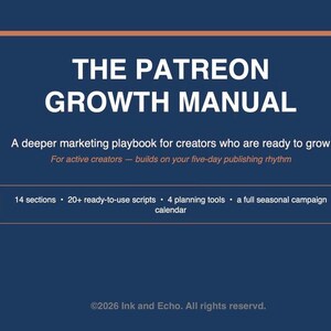 May include: A dark blue digital manual titled THE PATREON GROWTH MANUAL. Subtitle: A deeper marketing playbook for creators who are ready to grow. Includes 14 sections, 20+ ready-to-use scripts, 4 planning tools, and a full seasonal campaign calendar.