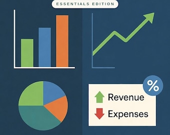 Pode incluir: Um documento azul-escuro Small Business Financial Tracker Essentials Edition com texto branco, um gráfico de barras, um gráfico de linhas com uma seta verde, um gráfico de pizza multicolorido e uma caixa com Revenue e Expenses com setas.