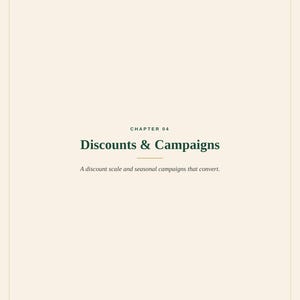 May include: A page from the Patreon Growth Manual with a cream background and dark green text. It reads CHAPTER 04, Discounts & Campaigns, and A discount scale and seasonal campaigns that convert. The bottom text reads PATREON GROWTH MANUAL.