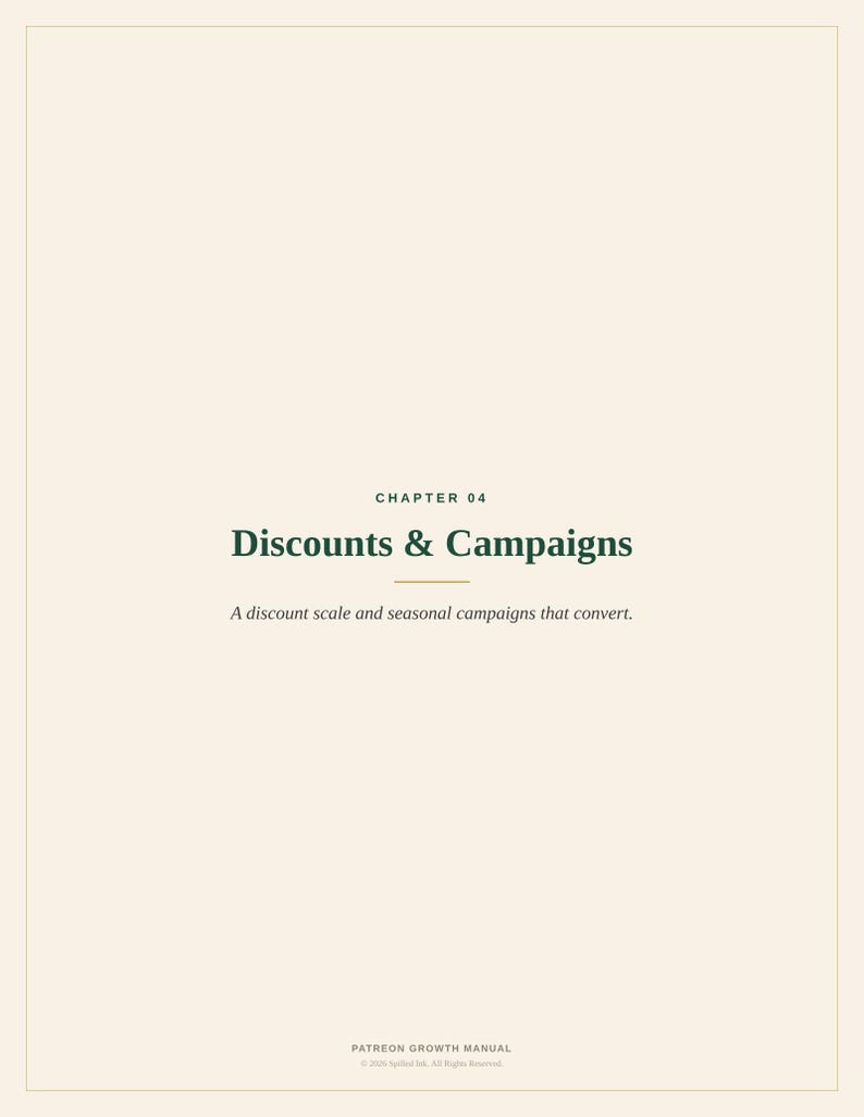 May include: A page from the Patreon Growth Manual with a cream background and dark green text. It reads CHAPTER 04, Discounts & Campaigns, and A discount scale and seasonal campaigns that convert. The bottom text reads PATREON GROWTH MANUAL.