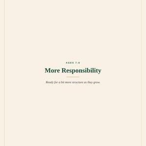 以下が含まれることがあります： クリーム色の情報カードで、濃い緑色の文字でAGES 7-8、More Responsibility、Ready for a bit more structure as they growと書かれています。下部のテキストはKIDS CHORE CHART BUNDLE AGES 4-8および2024 Spelled Ink. All Rights Reserved.と記載されています。
