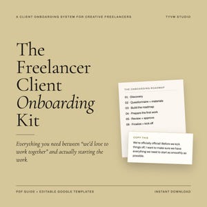 May include: A digital document titled The Freelancer Client Onboarding Kit with a beige background. It includes a roadmap list from Discovery to Finalize + kick off and a text box stating We're officially official! PDF guide and Google templates.