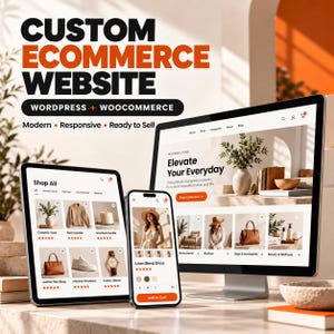 Op de afbeelding: Een computermonitor, tablet en smartphone tonen een aangepaste e-commerce website gebouwd met WordPress en WooCommerce. De schermen tonen productvermeldingen voor woondecoratie, mode en accessoires met een moderne, responsieve lay-out.
