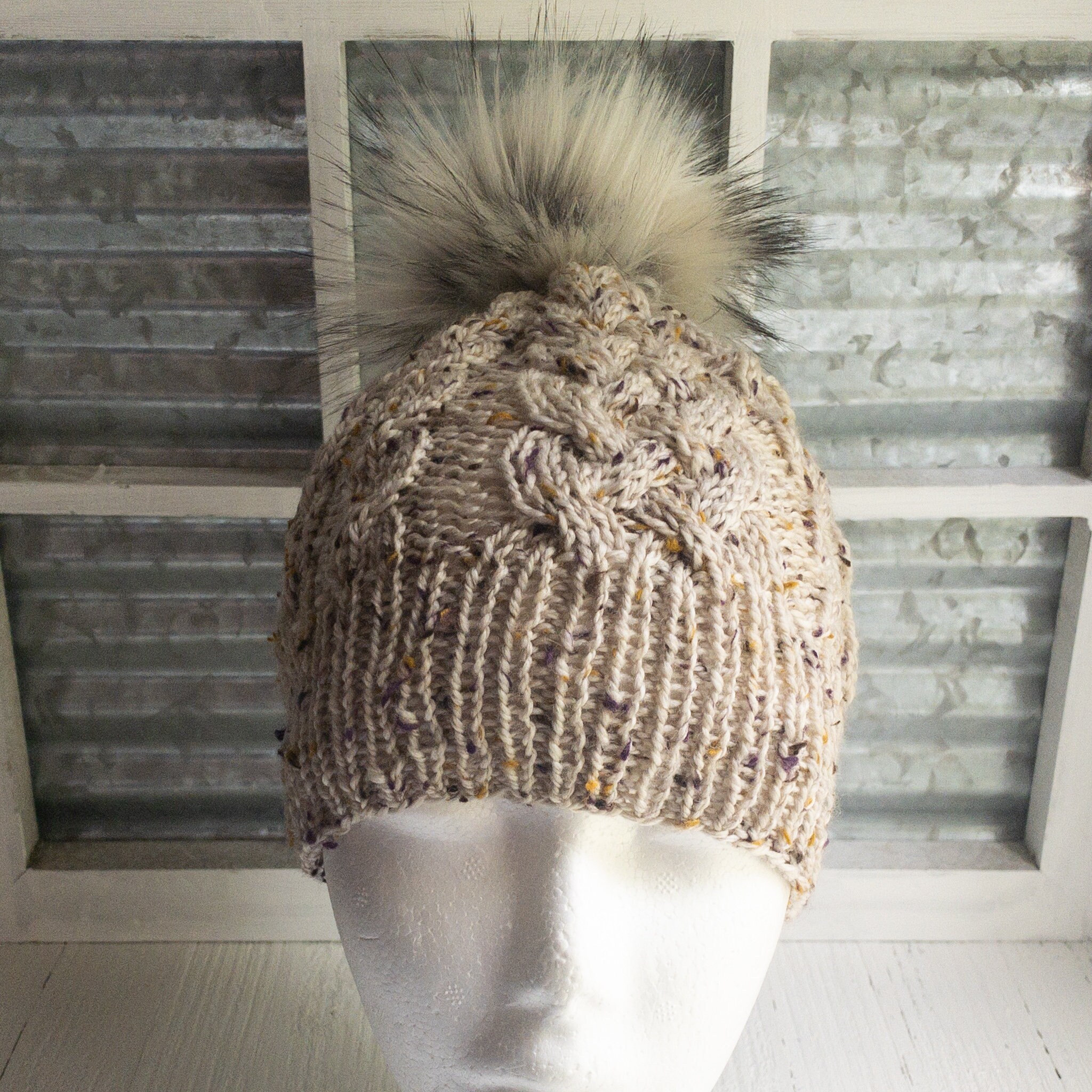 Hat Toboggan Cabled Hat Pom Ivory Knit Hat Winter Etsy