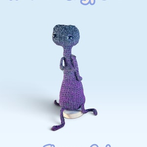 May include: A purple and dark grey crocheted creature with large black eyes, long thin limbs, and a rounded body, sitting on a small circular wooden base. The text Renee's Cryptids and Floppy Cat appears in light blue bubble letters above and below.