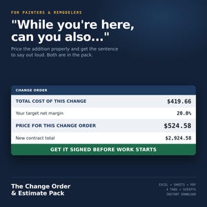 May include: A digital document template for painters and remodelers titled "While you're here, can you also..." featuring a change order table. It displays a total cost of $419.66, a 20.0% target net margin, a price of $524.58, and a new contract total of $2,924.58.