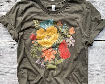 T-shirt / T Shirt colorata con bouquet di fiori - 100% cotone