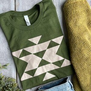 Geo / Southwest / Quilt Block Tee / Cotton T Shirt Olive