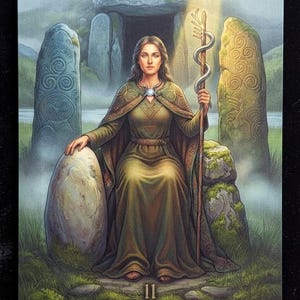 Könnte beinhalten: Eine rechteckige Tarotkarte mit der Aufschrift 11 The High Priestess Ireland, die eine Figur in einem grünen Gewand zeigt, die einen Stab mit einer silbernen Schlange hält und vor alten Steinmonumenten mit Spiralmustern unter einer Mondsichel sitzt.