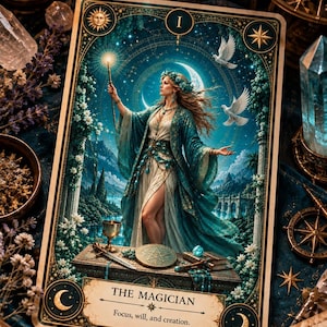 Könnte beinhalten: Eine rechteckige Tarotkarte mit dem Titel The Magician und dem Text Focus, will, and creation. Die Abbildung zeigt eine Figur in einem blaugrünen Gewand mit einem leuchtenden Zauberstab, zwei weißen Tauben sowie einem Altar mit Kelch und Schwert.
