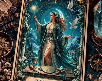 Puede incluir: Una carta de tarot rectangular titulada The Magician con el texto Focus, will, and creation. La ilustración muestra una figura con túnica verde azulada sosteniendo una varita brillante, dos palomas blancas y un altar con un cáliz y una espada.