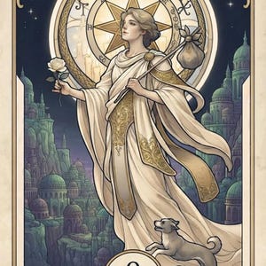 Puede incluir: Una carta de tarot titulada 0 THE FOOL que muestra una figura con túnicas color crema que sostiene una rosa blanca y un hatillo en un palo. Detrás hay un emblema de estrella brillante, una serpiente y una ciudad con cúpulas. Un perro pequeño está abajo.