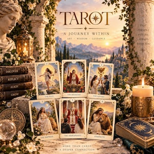 Puede incluir: Un juego de cartas de tarot titulado Tarot: A Journey Within, que muestra seis cartas: El Loco, El Mago, Los Enamorados, La Emperatriz, El Hierofante y La Fuerza. El conjunto incluye una pila de libros, una vela y una bola de cristal.