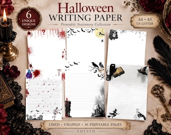 Może przedstawiać: Kolekcja papieru listowego na Halloween z sześcioma unikalnymi wzorami w formatach A4, A5 i US Letter. Zestaw zawiera strony w linie i czyste z grafikami przedstawiającymi plamy krwi, nietoperze, czaszki, duchy, czarownice i nawiedzone zamki.