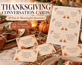 Thanksgiving Conversation Cards, 30 Dinner Questions, Gratitude Icebreakers (Digital Download)