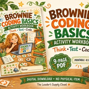 May include: A Brownie Coding Basics activity workbook, a 9-page printable PDF digital download. The cover features a child using a laptop with coding blocks, surrounded by books, a lamp, and a magnifying glass. Text includes "Think • Test • Code" and "8.5 x 11".