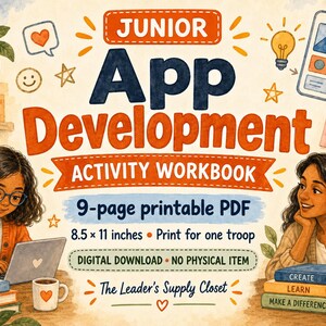 Puede incluir: Un cuaderno de actividades Junior App Development, PDF imprimible de 9 páginas, 21,6 x 27,9 cm. La portada muestra dos personas, un portátil, libros, una taza y un smartphone. Texto: Junior App Development Activity Workbook, Digital Download, No Physical Item, The Leader's Supply Closet, Create, Learn, Make a Difference.
