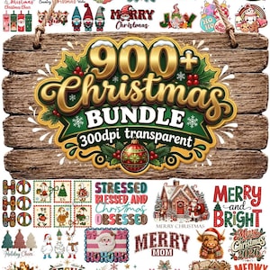 Puede incluir: Una colección digital de diseños gráficos con temática navideña que incluye el texto 900+ Christmas BUNDLE 300dpi transparent. Las imágenes muestran a Santa Claus, renos, muñecos de nieve, árboles festivos, tipografía navideña e ilustraciones.