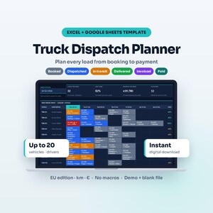 Dispatch Planner Excel Template Truck Fleet Schedule Load Tracker Logistics Spreadsheet EU
