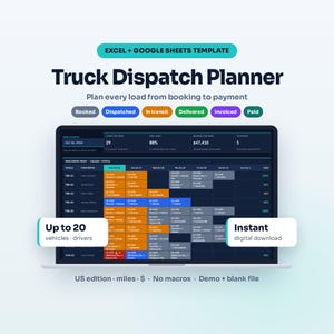 Truck Dispatch Planner Excel Template Fleet Schedule Load Tracker Trucking Spreadsheet