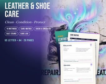 Guida stampabile alla cura della pelle | Cura delle scarpe, pulizia delle sneakers, macchie di sale su camoscio e stivali | Registro di cura per borse e giacche in pelle (PDF)