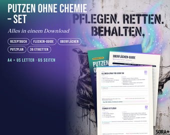 Kit per la pulizia senza prodotti chimici in formato PDF | Ricettario, guida alle macchie, tabella delle superfici, piano di pulizia e 36 etichette | Pacchetto di rimedi casalinghi