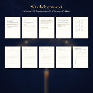 Peut inclure: Une mise en page de planificateur num&eacute;rique compos&eacute;e de dix pages blanches avec du texte et des lignes noirs. L'en-t&ecirc;te indique Was dich erwartet, 20 Seiten, 12 Tagesseiten, Einf&uuml;hrung, R&uuml;ckblick. Les pages contiennent du texte en allemand, des invites structur&eacute;es et des tableaux de suivi quotidien.