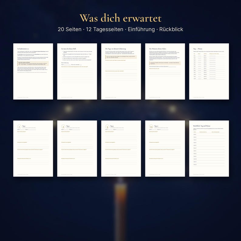 Peut inclure: Une mise en page de planificateur num&eacute;rique compos&eacute;e de dix pages blanches avec du texte et des lignes noirs. L'en-t&ecirc;te indique Was dich erwartet, 20 Seiten, 12 Tagesseiten, Einf&uuml;hrung, R&uuml;ckblick. Les pages contiennent du texte en allemand, des invites structur&eacute;es et des tableaux de suivi quotidien.