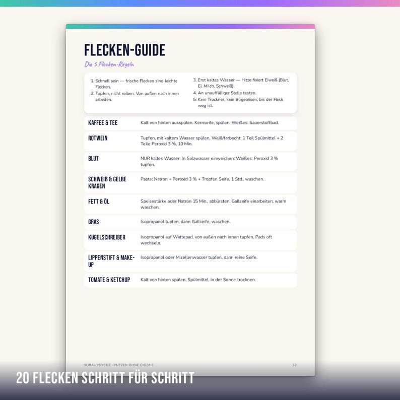 Peut inclure: Une fiche d'information blanche intitul&eacute;e FLECKEN-GUIDE avec un en-t&ecirc;te d&eacute;grad&eacute;. Elle pr&eacute;sente cinq r&egrave;gles d'&eacute;limination des taches et des instructions de nettoyage sp&eacute;cifiques pour diverses substances comme le caf&eacute;, le th&eacute;, le vin rouge et l'encre.