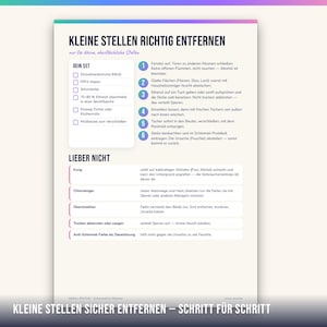 Może przedstawiać: Informacyjny przewodnik zatytułowany KLEINE STELLEN RICHTIG ENTFERNEN zawierający listę kontrolną materiał&oacute;w, takich jak rękawiczki i maski, sześciostopniowy proces czyszczenia małych powierzchni oraz sekcję LIEBER NICHT z metodami, kt&oacute;rych należy unikać.