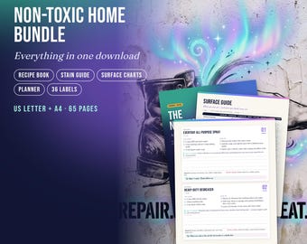 Kit di pulizia non tossico stampabile | Ricettario, guida alle macchie, tabella delle superfici, agenda e 36 etichette | Set PDF per una casa naturale