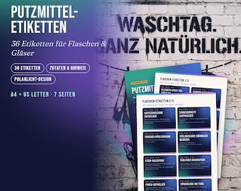 Peut inclure: Un ensemble de 36 étiquettes de produits de nettoyage pour bouteilles et bocaux en téléchargement numérique, avec un design dégradé aux couleurs des aurores boréales. Les feuilles incluent le texte Putzmittel-Etiketten et Waschtag. Ganz natürlich.