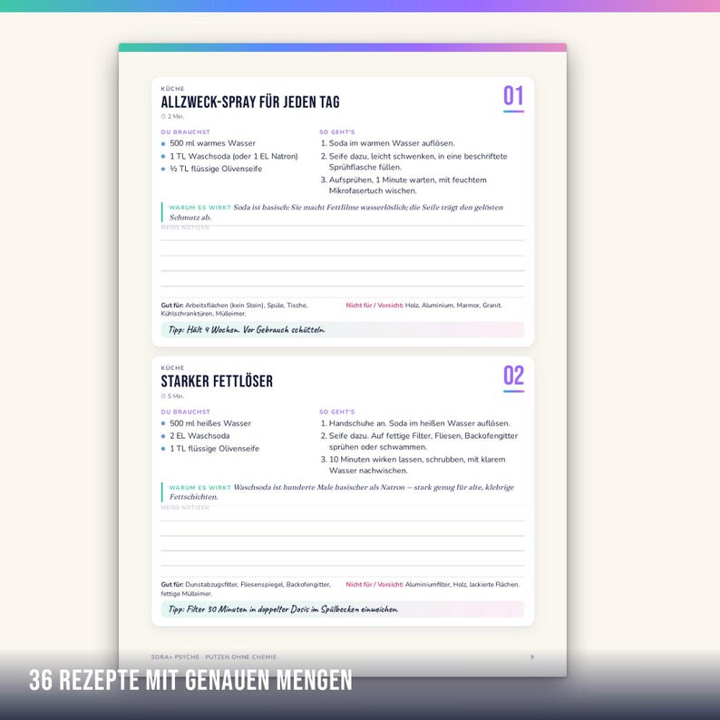 Peut inclure: Une page blanche pr&eacute;sentant deux guides d'instructions pour des solutions de nettoyage maison intitul&eacute;s Allzweck-Spray f&uuml;r jeden Tag et Starker Fettl&ouml;ser. Le texte inclut des listes d'ingr&eacute;dients avec des mesures en millilitres et cuill&egrave;res &agrave; caf&eacute;.