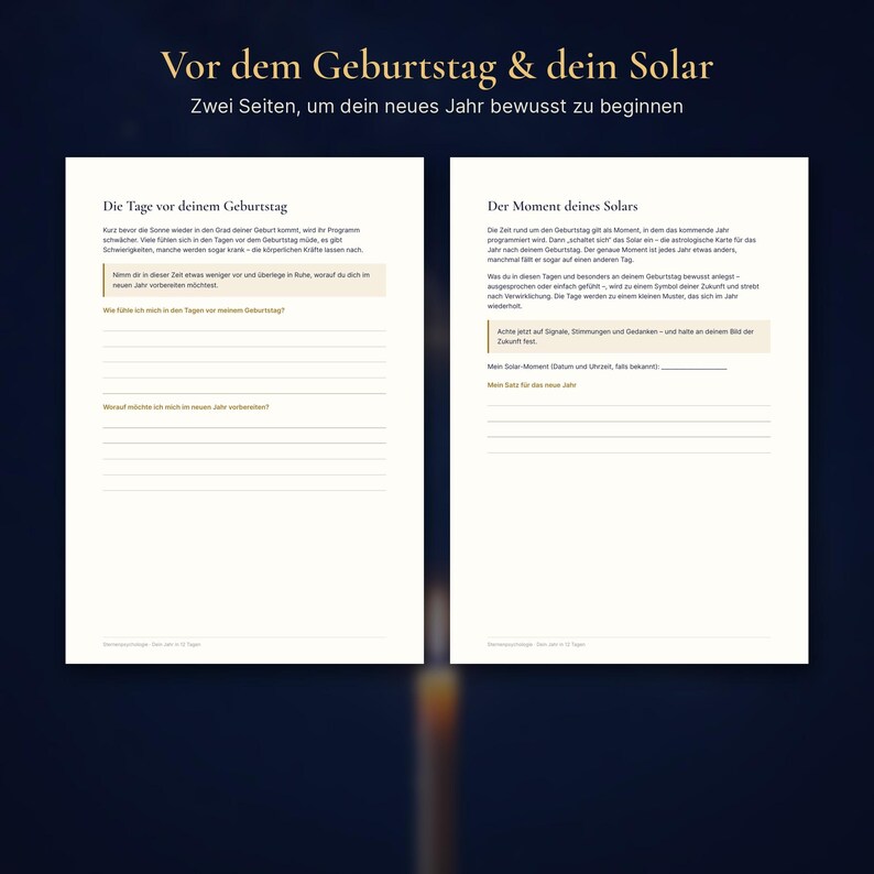 Peut inclure: Deux pages blanches d'un journal avec du texte noir en allemand et des sections lign&eacute;es pour &eacute;crire. La page de gauche est intitul&eacute;e Die Tage vor deinem Geburtstag et celle de droite Der Moment deines Solars, avec des invites.