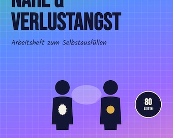 Peut inclure: Un cahier d'exercices numérique intitulé SORA+ PSYCHE NÄHE & VERLUSTANGST sur fond dégradé. Il présente deux silhouettes stylisées avec un ovale central, un cercle indiquant 80 SEITEN, et des mentions PDF-DOWNLOAD, A4, LETTER et IPAD.