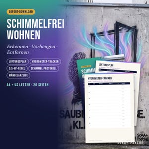 Może przedstawiać: Cyfrowy przewodnik zatytułowany SCHIMMELFREI WOHNEN zawierający higrometr i plan wentylacji. Dokument zawiera sekcje dotyczące rozpoznawania, zapobiegania i usuwania pleśni, obejmujące 20 stron w formatach A4 oraz US Letter.