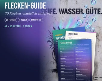 Peut inclure: Un guide numérique d'élimination des taches intitulé Flecken-Guide présentant 20 types de taches, 5 règles et un design d'affiche murale. Le document inclut des formats A4 et US Letter sur 5 pages avec un fond dégradé bleu et violet et des bulles.