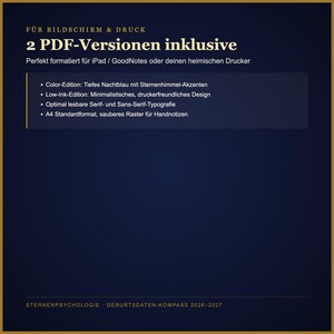 May include: A digital document graphic on a dark blue background featuring the text 2 PDF-Versionen inklusive, with bullet points detailing a color edition with starry accents, a low-ink edition, serif and sans-serif typography, and A4 format.