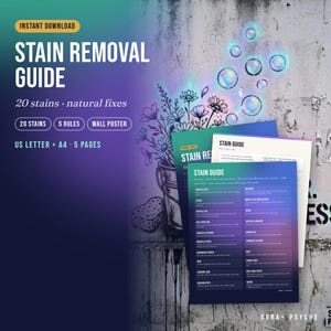May include: A digital stain removal guide featuring text that reads STAIN REMOVAL GUIDE, 20 stains, natural fixes, 20 stains, 5 rules, wall poster, US letter, A4, 5 pages. The document includes a list of 20 stains and natural cleaning solutions.