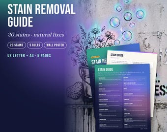 以下が含まれることがあります： STAIN REMOVAL GUIDE、20 stains、natural fixes、20 stains、5 rules、wall poster、US letter、A4、5 pagesと書かれたデジタル染み抜きガイド。このドキュメントには、20種類の染みと自然な洗浄方法のリストが含まれています。