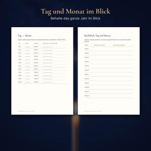 Peut inclure: Deux pages de planificateur blanches avec du texte noir. La page de gauche est intitul&eacute;e Tag und Monat et pr&eacute;sente un tableau pour suivre les dates. La page de droite est intitul&eacute;e R&uuml;ckblick: Tag und Monat avec des colonnes pour les notes et &eacute;v&eacute;nements mensuels. L'en-t&ecirc;te indique Tag und Monat im Blick.