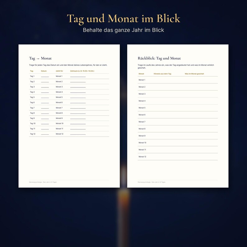 Peut inclure: Deux pages de planificateur blanches avec du texte noir. La page de gauche est intitul&eacute;e Tag und Monat et pr&eacute;sente un tableau pour suivre les dates. La page de droite est intitul&eacute;e R&uuml;ckblick: Tag und Monat avec des colonnes pour les notes et &eacute;v&eacute;nements mensuels. L'en-t&ecirc;te indique Tag und Monat im Blick.