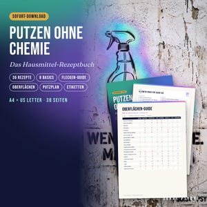 Peut inclure: Un livre de recettes de nettoyage num&eacute;rique intitul&eacute; PUTZEN OHNE CHEMIE comprenant 36 recettes, 8 bases, un guide des taches, un guide des surfaces, un plan de nettoyage et des &eacute;tiquettes. Disponible en formats A4 et US Letter, 38 pages.