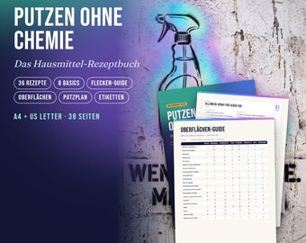 Ricettario per pulizie senza prodotti chimici in PDF | 36 ricette di rimedi casalinghi stampabili | Prodotti per la pulizia fai da te con bicarbonato di sodio, aceto e carbonato di sodio | Programma di pulizia