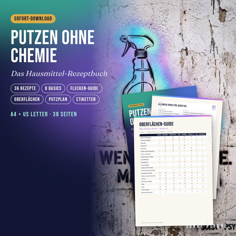 Peut inclure: Un livre de recettes de nettoyage num&eacute;rique intitul&eacute; PUTZEN OHNE CHEMIE comprenant 36 recettes, 8 bases, un guide des taches, un guide des surfaces, un plan de nettoyage et des &eacute;tiquettes. Disponible en formats A4 et US Letter, 38 pages.