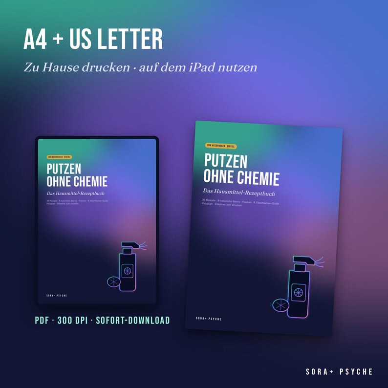 Peut inclure: Un livre de recettes num&eacute;rique intitul&eacute; PUTZEN OHNE CHEMIE Das Hausmittel-Rezeptbuch, affich&eacute; sur une tablette et un document. La couverture pr&eacute;sente une ic&ocirc;ne de vaporisateur style n&eacute;on et un graphique de tranche d'agrume sur fond d&eacute;grad&eacute;.